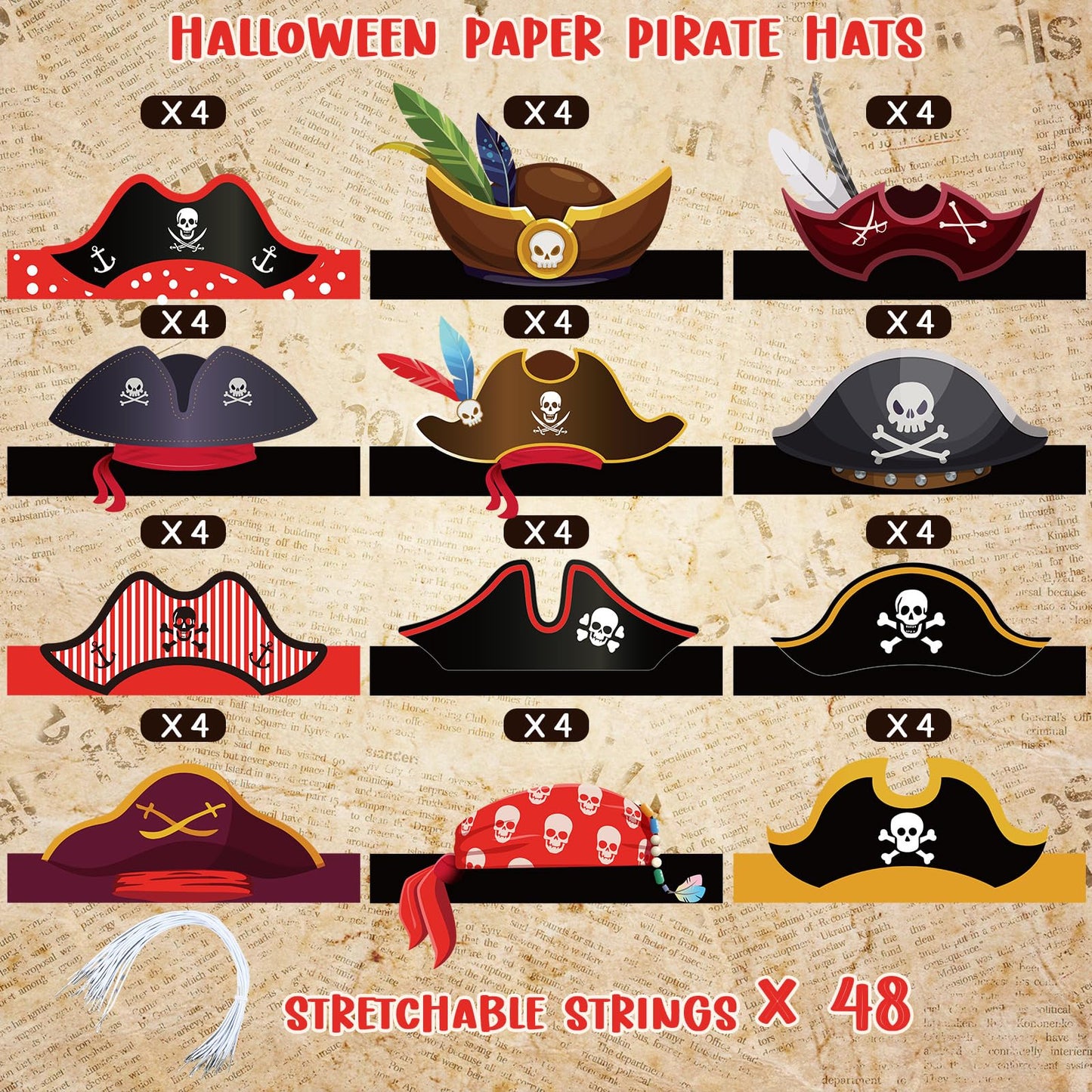 Funtery 48 Pcs Pirate Hat Pirate Party Accessories Favors Kids Paper Costume Cap for Halloween Caribbean Cosplay(Cute)