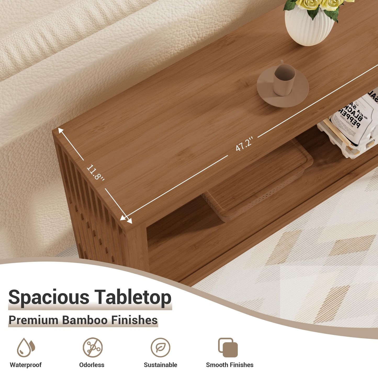 Bamboonova Bamboo Wood Entryway Table 47.2" Console Table, 2-Tier Farmhouse Narrow Sofa Table with Grille-Inspired Sides Easy Assembly for Entrance, Hallway, Living Room, Bedroom, Foyer(Walnut)