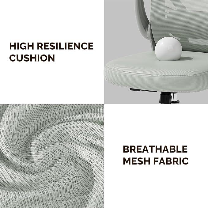 Ollega Computer Desk Chair with Wheels, Mesh Office Chair with Flip Up Arms, Adjustable Lumbar Support, Swivel Desk Chair Comfy, All Grey