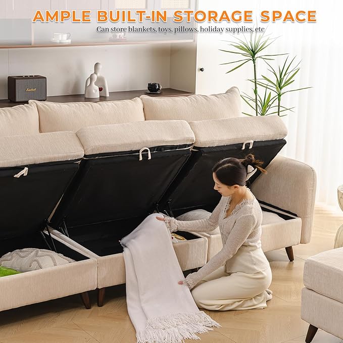 Rexulqo 104'' Modular Sectional Sofa with All Seats Storage, Oversized U Shaped Couch,Comfy Cloud Couches with Movable Ottoman,24.5'' Deep Seat,Large Sectional for Living Room,Bedroom,Velet,Cream