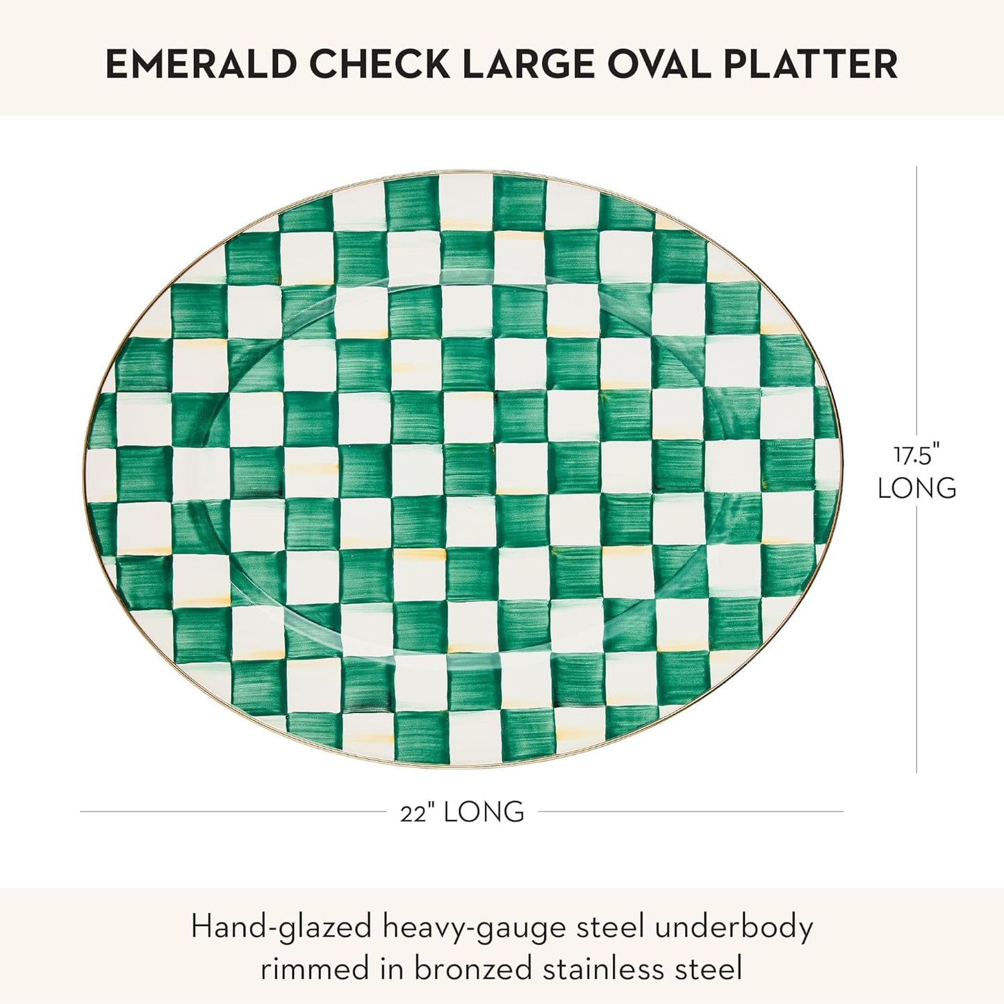 MACKENZIE-CHILDS Enamel Oval Platter, Serving Plate for Entertaining, Large, Green-and-White Emerald Check