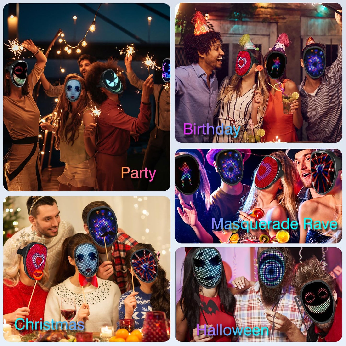 MEGOO Led Mask with Bluetooth Programmable App,Shining Led Light Up Face Mask for Adult Kid Halloween Masquerade Party (Battery)
