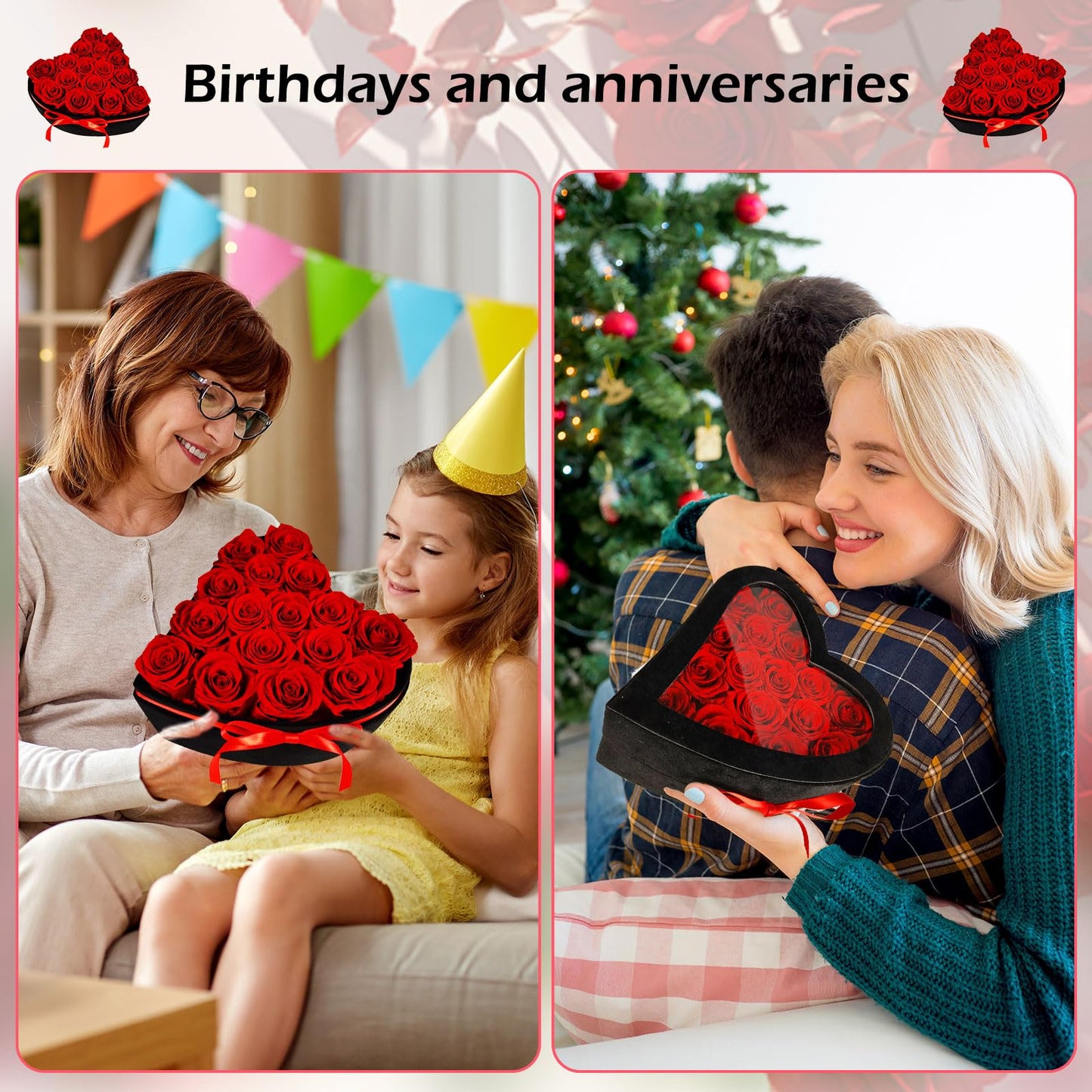 TuuToo 16-Piece Preserved Flower Real Rose in Luxury Suede Heart Shape Box, Birthday Gifts for Mom, Women, Wife, Prime Eternal Roses Gift for Mothers Day, Valentines, Anniversary, Wedding, Christmas