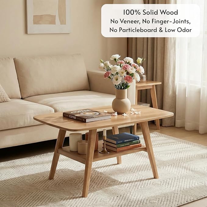 Hymus Wood Coffee Table - 100% Solid Wood- 2-Tier Coffee Table with Storage for Living Room, Eco-Friendly Finish, Easy Assembly (Natural, 47.24" D x 22.04" W x 17.32" H)