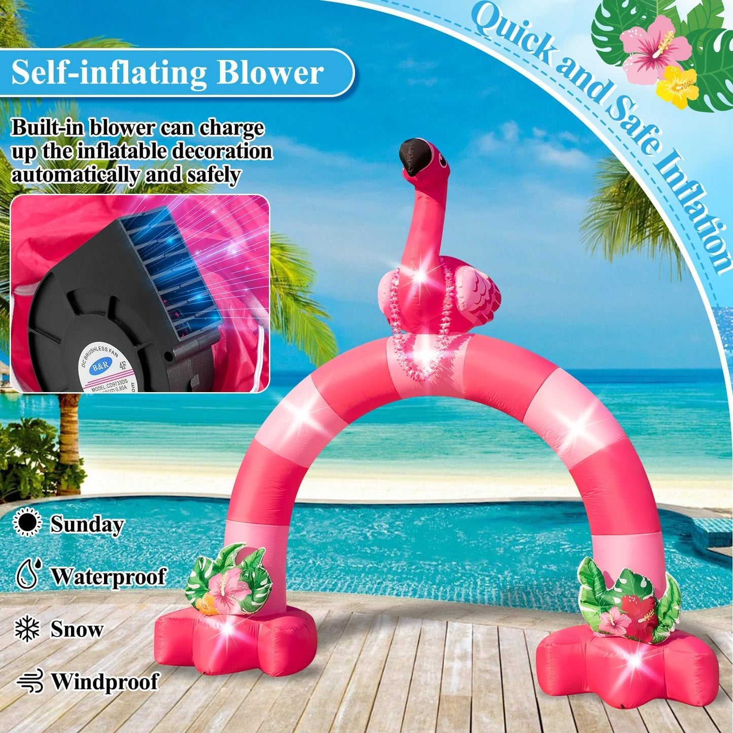 Eyourlife 12FT Pink Flamingo Inflatable Arch,Giant Inflatable Flamingo Outdoor Decor,Blow-Up Flamingo with 1Blower 6LED Lights and 2Hawaiian Leis for Summer Yard Garden Birthday Luau Beach Party