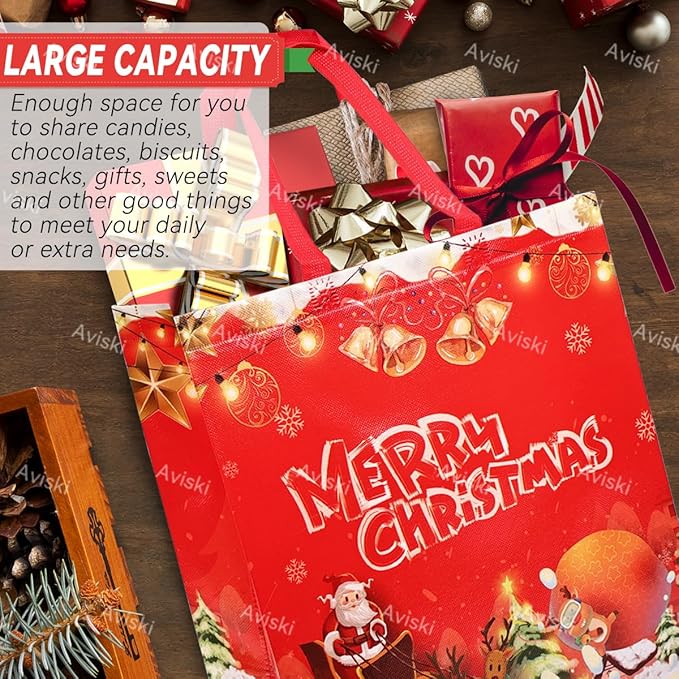 8PCS Christmas Gift Bags, Non-Woven Treat Tote Large Christmas Bags with Handles for Gifts Wrapping Shopping, Xmas Party Supplies, 15"×13.8"×5.9"