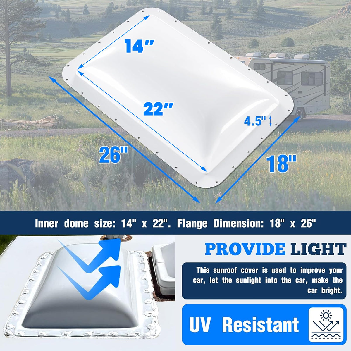 Kojem 18" x 26" RV Skylight Replacement Cover Compatible with RV Camper Food Truck Motorhome Roof Sunroof Fit Outer Dome Cover 14" x 22" RV Shower Skylight Openings Roof Vent Cover White