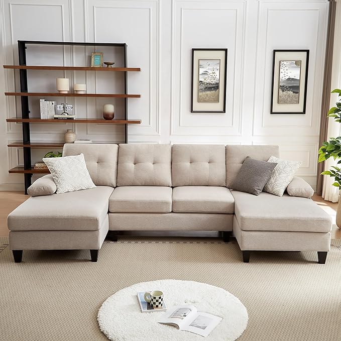 Chireca 111" Sectional Couch for Living Room, Modern Polyester Fibre U Shaped Sofa Couches with Double Chaise, Upholstered 4 Seater Sofa for Living Room, Apartment, Office, Beige