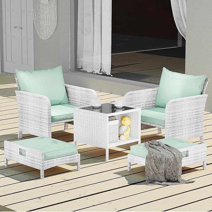 LEVELEVE Balcony Furniture 5 Piece Patio Conversation Set, PE Wicker Rattan Outdoor Lounge Chairs with Soft Cushions 2 Ottoman&Glass Table for Porch, Lawn-Grey Wicker