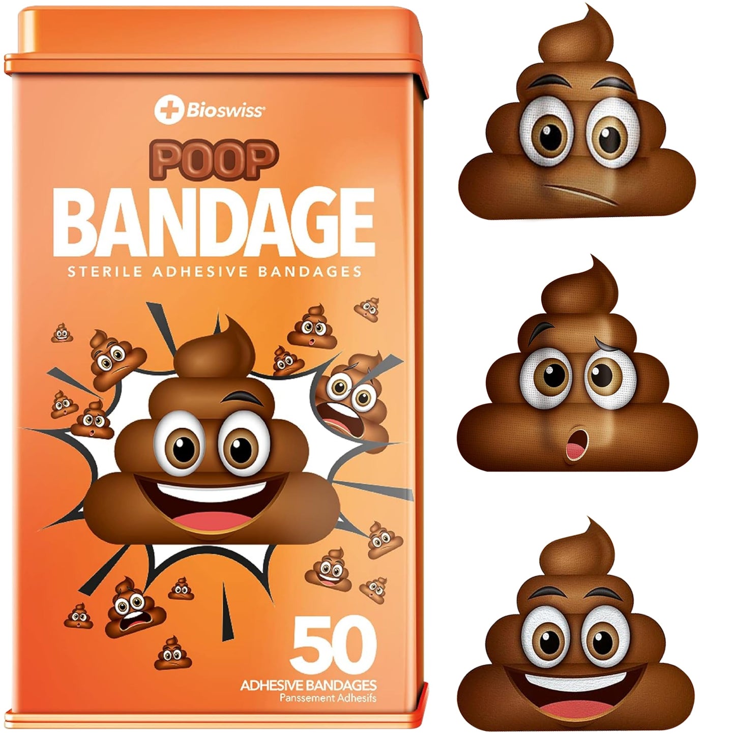 BioSwiss Bandages, Poop Shaped Self Adhesive Bandage, Latex Free Sterile Wound Care, Fun First Aid Kit Supplies for Kids, 50 Count