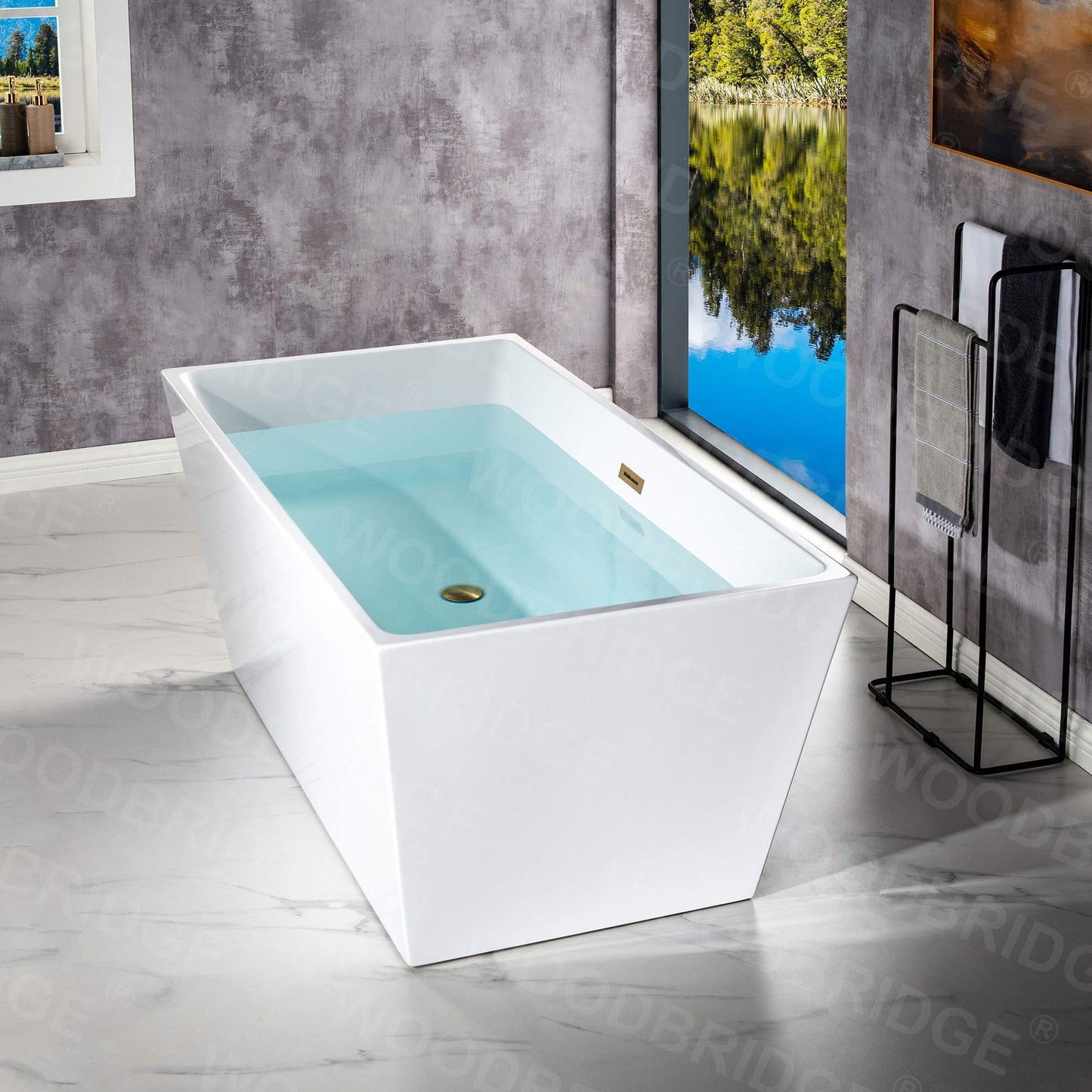 WOODBRIDGE 59" Acrylic Freestanding Bathtub Contemporary Soaking White Tub with Brushed Gold Overflow and Drain，BTA1412-BG-Drain&O