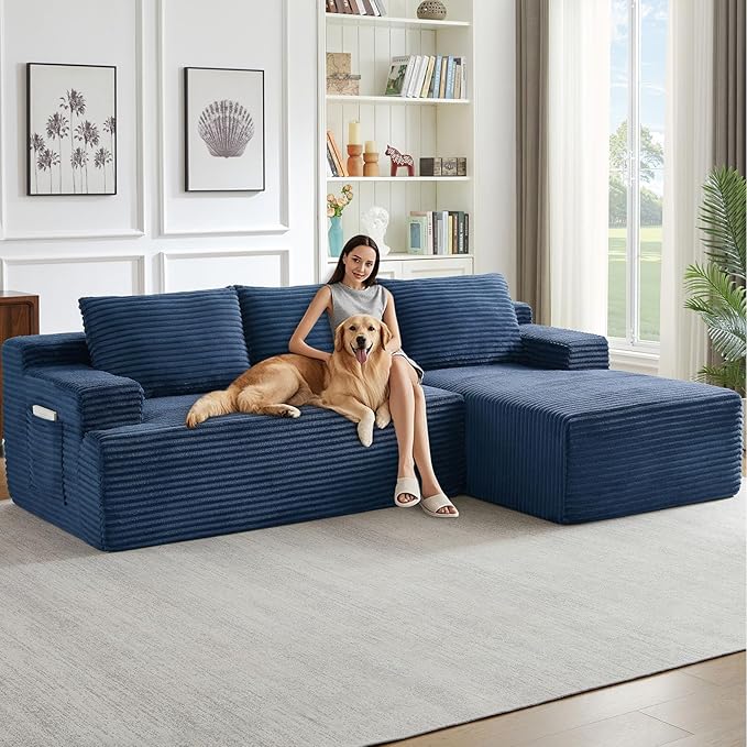 96" Cloud Sectional Couch with L-Shape Chaise, Modern Corduroy Boneless Couch for Living Room,Memory Foam Sofa with Deep Seat,No Assembly Required (Blue,Right-Facing Chaise)