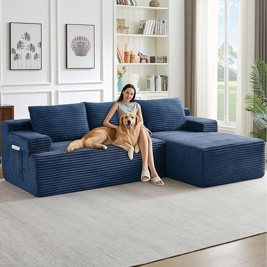 96" Cloud Sectional Couch with L-Shape Chaise, Modern Corduroy Boneless Couch for Living Room,Memory Foam Sofa with Deep Seat,No Assembly Required (Blue,Right-Facing Chaise)