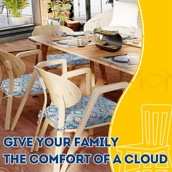 AAAAAcessories D-Shaped Chair Cushions, 2" Thick Dining Chair Pads with Ties and Removable, Machine-Washable Cover, 17" x 16", Set of 2, Geometric Blue