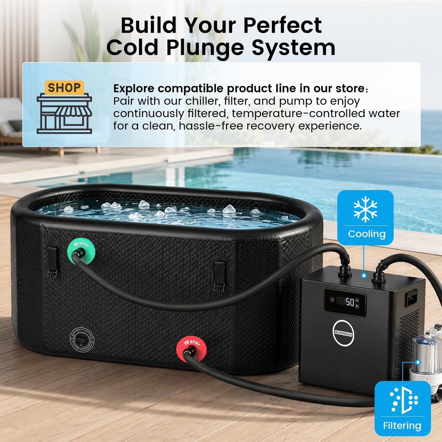 BAOSHISHAN Ice Bath Tub for Athletes, 170 Gallon Inflatable Cold Plunge Tub Compatible with Water Chiller, Insulated Lid & Pump, Portable for Outdoor & Indoor Use