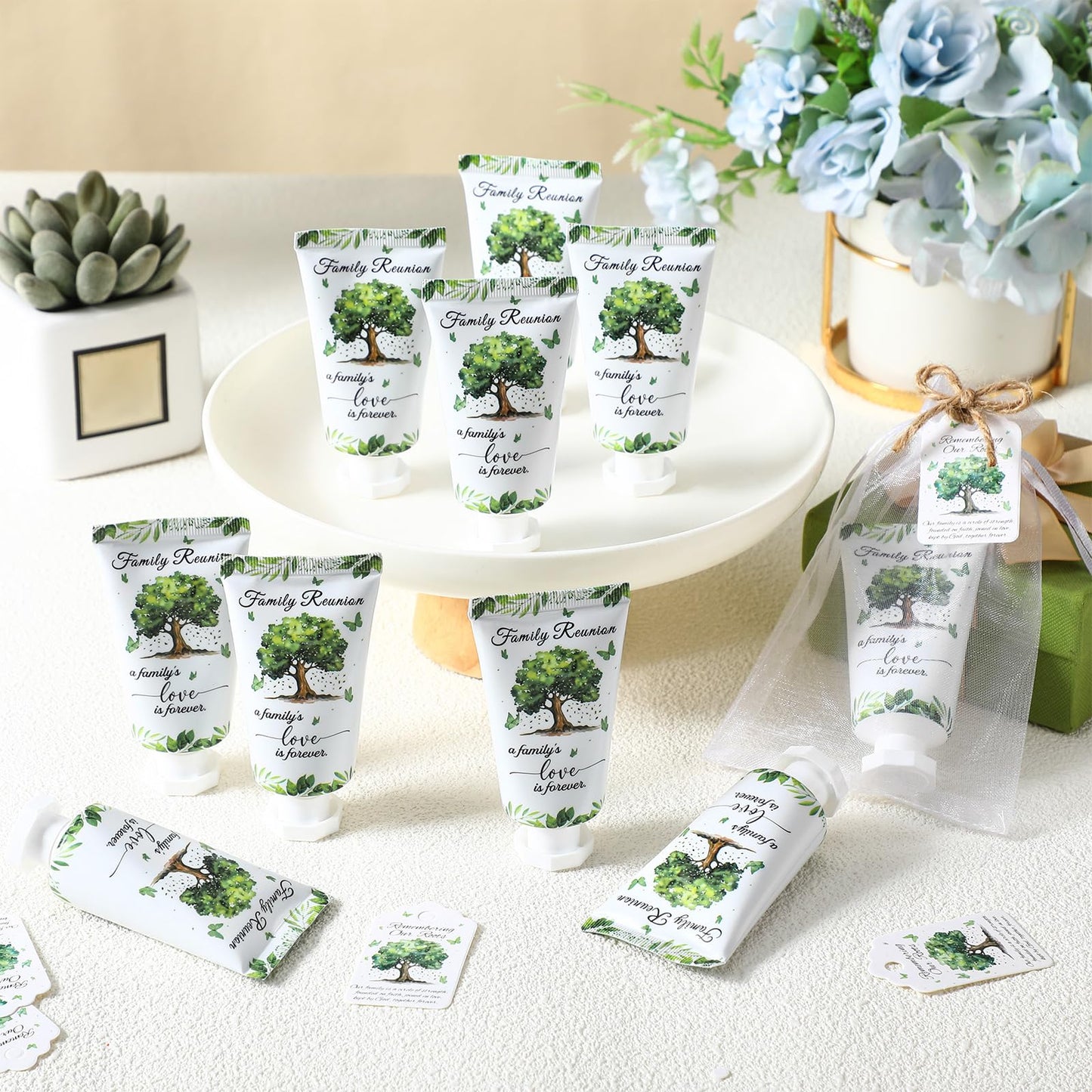 Dansib 60 Sets Family Reunion Favors Hand Lotion Cream Gifts Bulk Family Reunion Game Decorations with Card Organza Bags for Tab