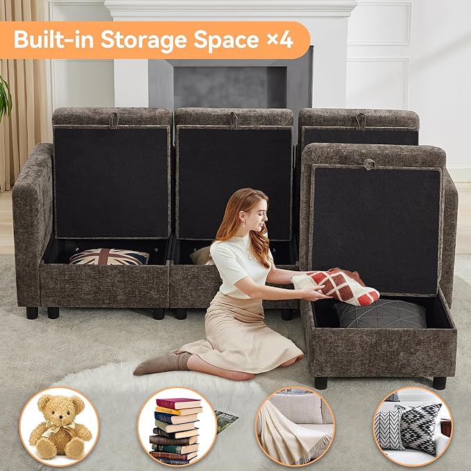 WUTUTUEE 83'' Modular Sectional Sofa Convertible L Shaped Couch Set for Living Room, 4 Seat Storage Modular Sofa with Movable Ottoman, Chenille Brown
