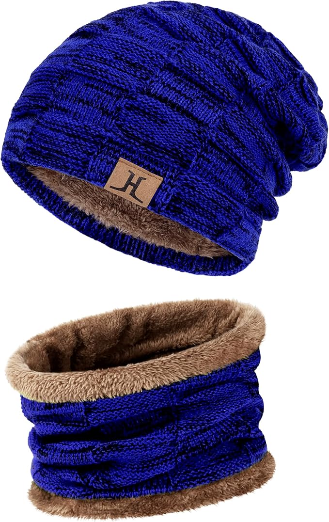 Mens Winter Beanie Hats Scarf Set Warm Knit Skull Cap Neck Warmer with Fleece Lined Winter Hat for Women