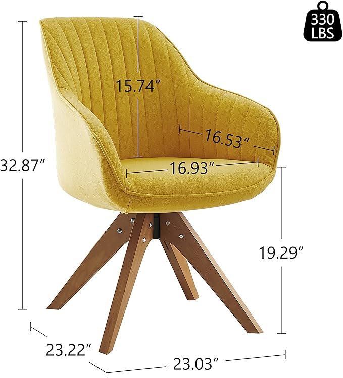 Art Leon Dining Chair, Mid Century Modern Fabric Upholstered Swivel Dining Room Chair with Wood Legs, Leisure Side Chair with Arms for Living Room, Yellow