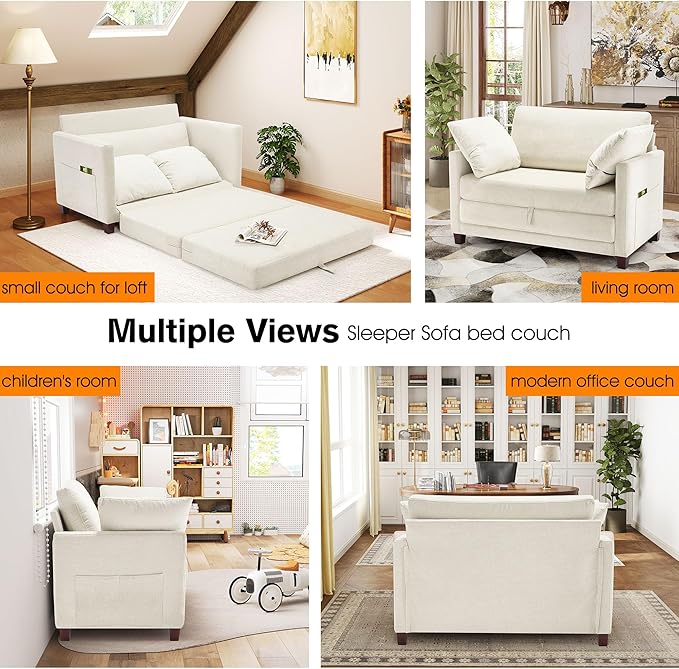 kakuboohi 51" Loveseat Sleeper Sofa Bed, Chenille Convertible Floor Sofa Bed for Small Spaces, Folding Couch Bed with Deep Seat, 2 Pillows & Solid Frame, Pull Out Floor Couch for Living Room, Beige
