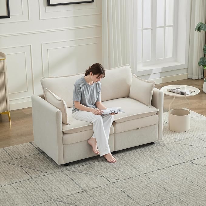 55" Cloud Modern Loveseat Sofa with Storage, Sectional Modula Small Sofa Love Seat Couch，Chenille 2 Seater Comfy Couch with Armrests for Living Room, Small Space, Beige