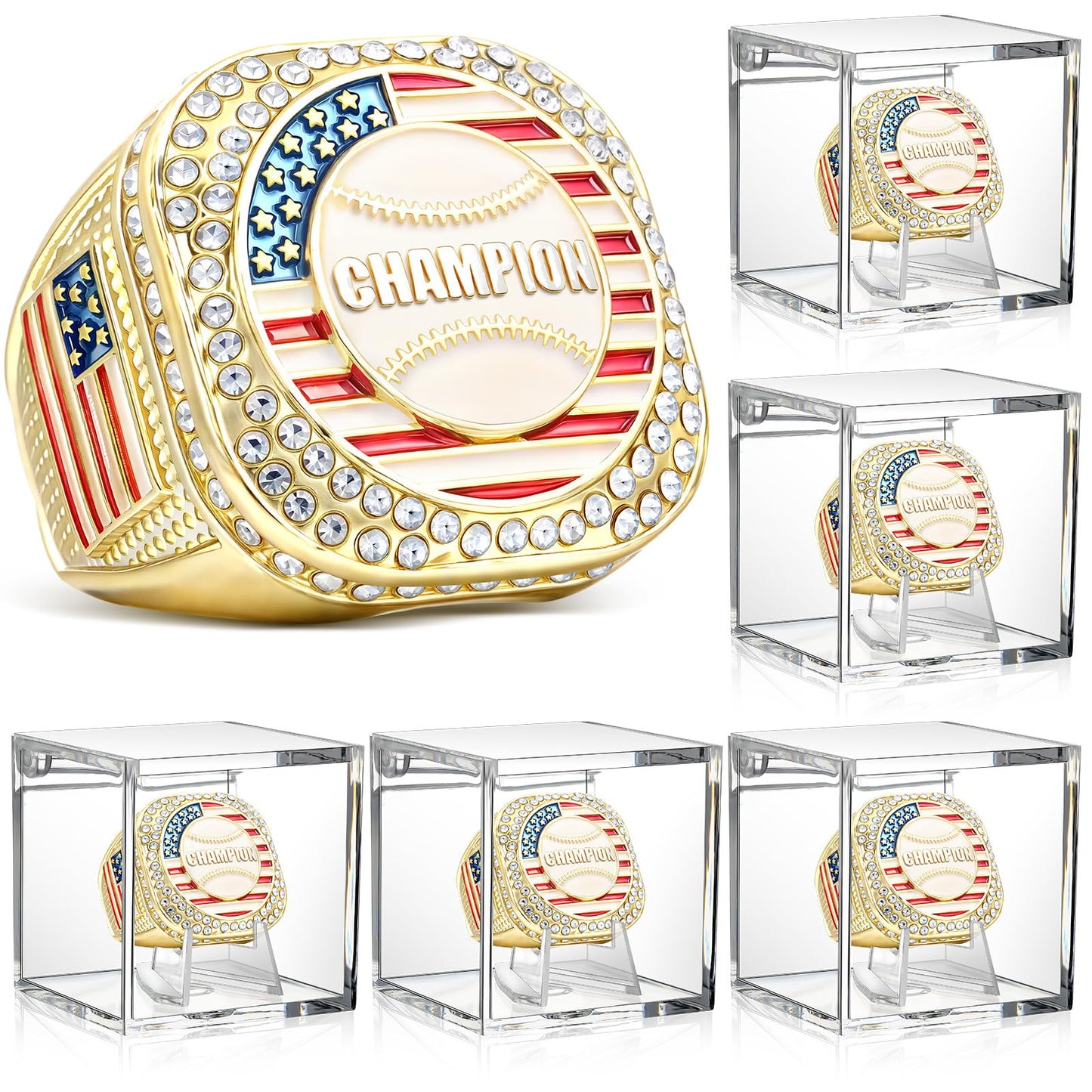 Landical 6 Set Baseball Championship Ring with Display Case and Stand Holder Championship Ring Case Acrylic Display Box and Hold