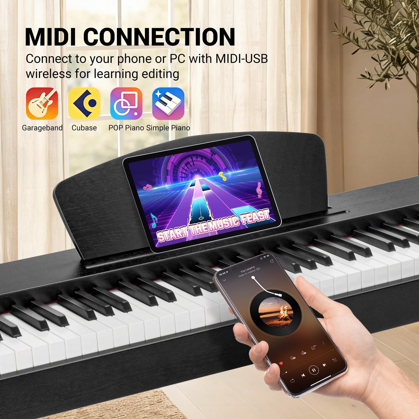 MOSEN Digital Piano 88 Key Weighted Keyboard, Full Size Keyboard Piano, Hammer Action,128 Voices, Recording, 3-Pedal, Music Stand, USB-MIDI MP3 Connecting, Electronic Piano for Beginner, MDP-88, Black