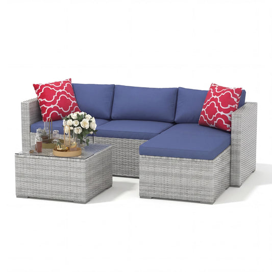 IDEALHOUSE 5-Piece Outdoor Sectional Sofa Set – All-Weather PE Rattan Conversation Furniture with Tempered Glass Table, Waterproof Blue Cushions & Footstool – Garden, Porch, Poolside – Gray Gradient