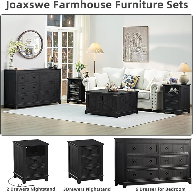 Joaxswe Farmhouse Dresser and Nightstand Sets, Furniture 18" Night Stand with Charging Station and 6 Drawers Dresser for Bedroom, 54" Dressers and Nightstand Set for Bedroom, Living Room