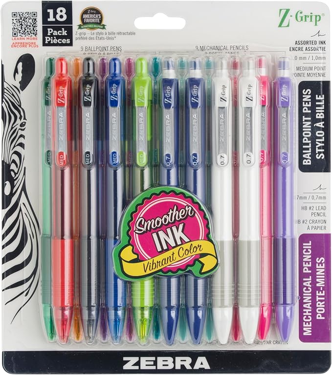 Zebra Pen Z-Grip Retractable Ballpoint Pen and Mechanical Pencil Set, Medium Point, #2 HB Lead Pencils, Assorted Ink Color...