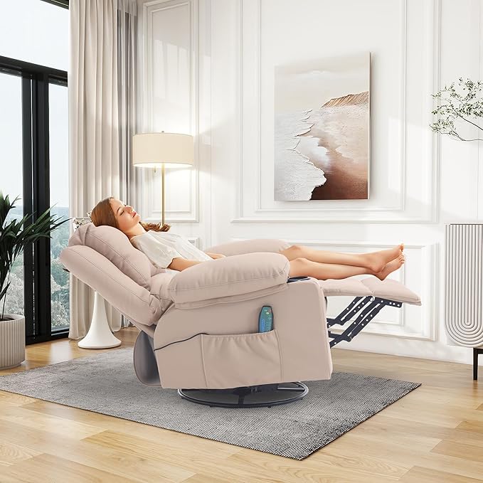 Massage Swivel Rocker Recliner with Lumbar Heat, Oversized Comfy Recliners for Living Room, Modern Single Sofa Rocking Chairs for Adults, Manual Rocker Recliner with Two Cup Holders, Beige