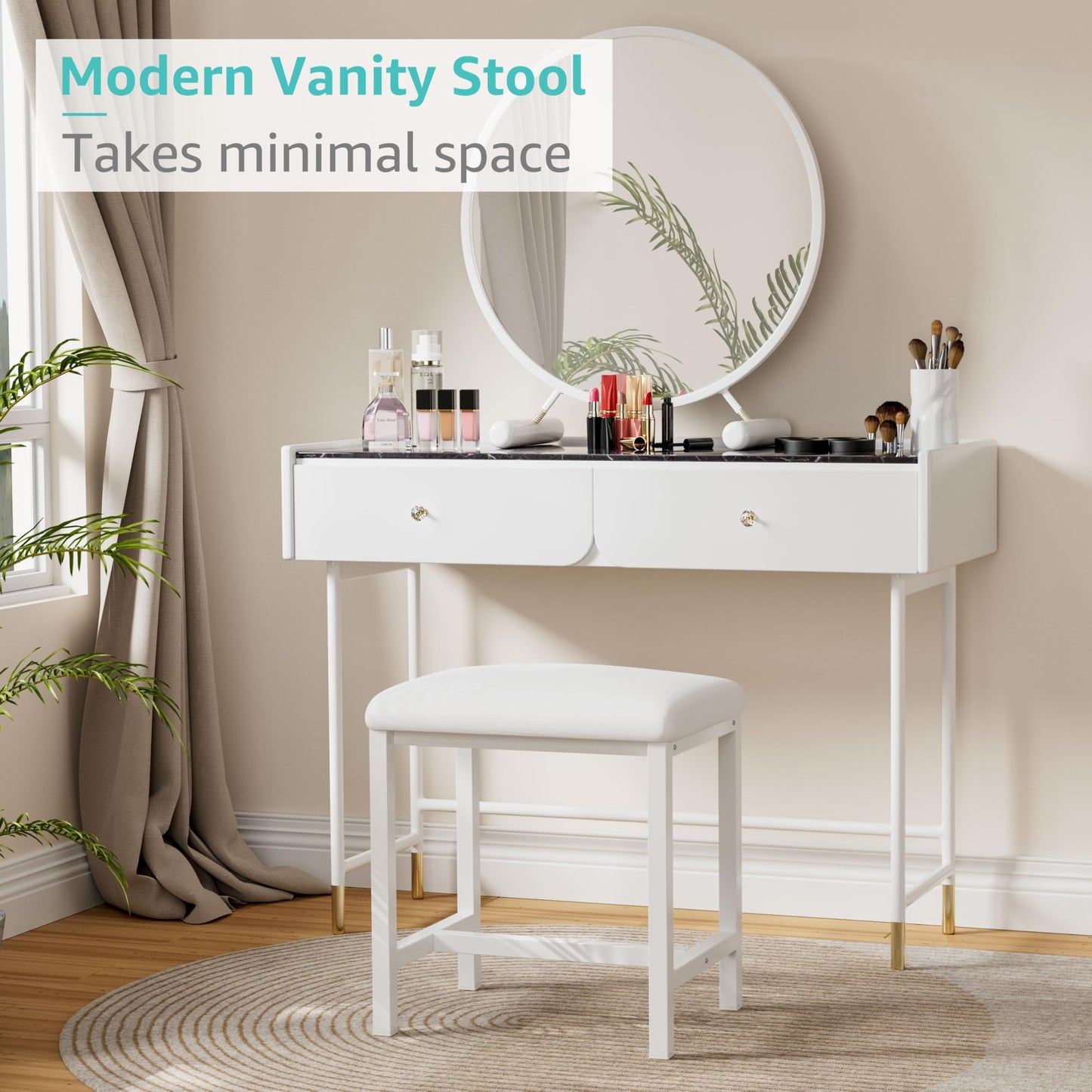 KAI-ROAD Small Vanity Stool, Cute Vanity Stools with Cushion, White Makeup Vanity Chair for Small Spaces, Living Room, Bedroom, Bathroom, Entryway, Ottoman Foot Rest for Couch Sillas Modern
