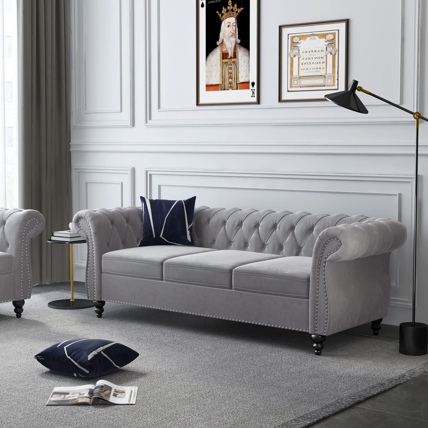 Chesterfield Sofa Velvet, Modern Tufted Couch 3 Seater with Rolled Arms and Nailhead for Living Room, Bedroom, Office, Apartment (Grey)