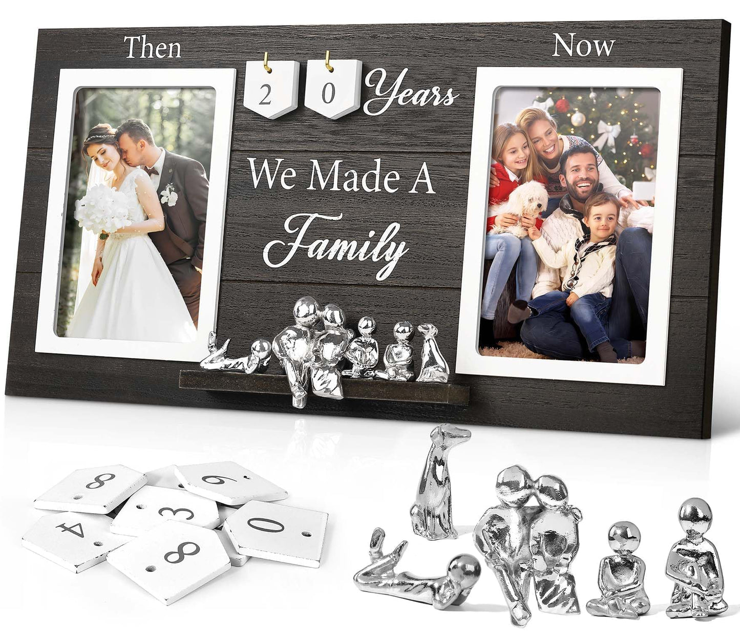 DREAMORIE Then & Now Anniversary Picture Frame with Tin Family Figurines – Rustic Wooden 10th Wedding Gift for Couples, Custom Number Tiles