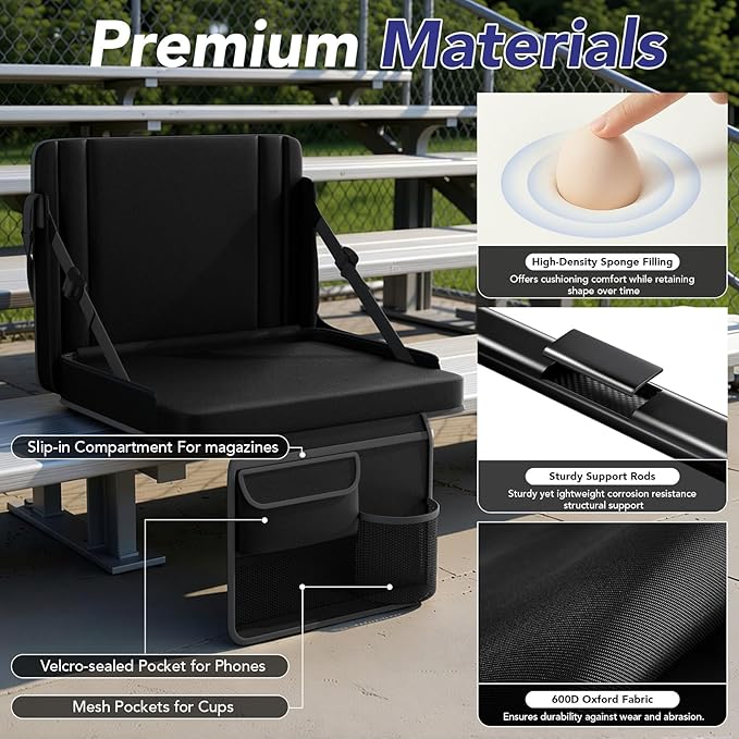 janiry Stadium Seats with Back Support 2PACKS Adjustable Bleacher Chairs with Back and Cushion Bleacher Seat with Cup Holder, Carry Handle & Shoulder Strap for Outdoor Sports Events, Picnics, Beaches