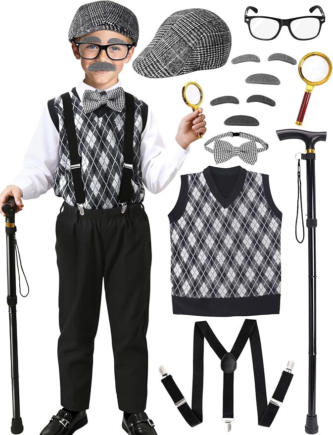 CONGRU 100 Days of School Costume for Boys,Old Man Costume for Kids Grandpa Vest Accessories Set