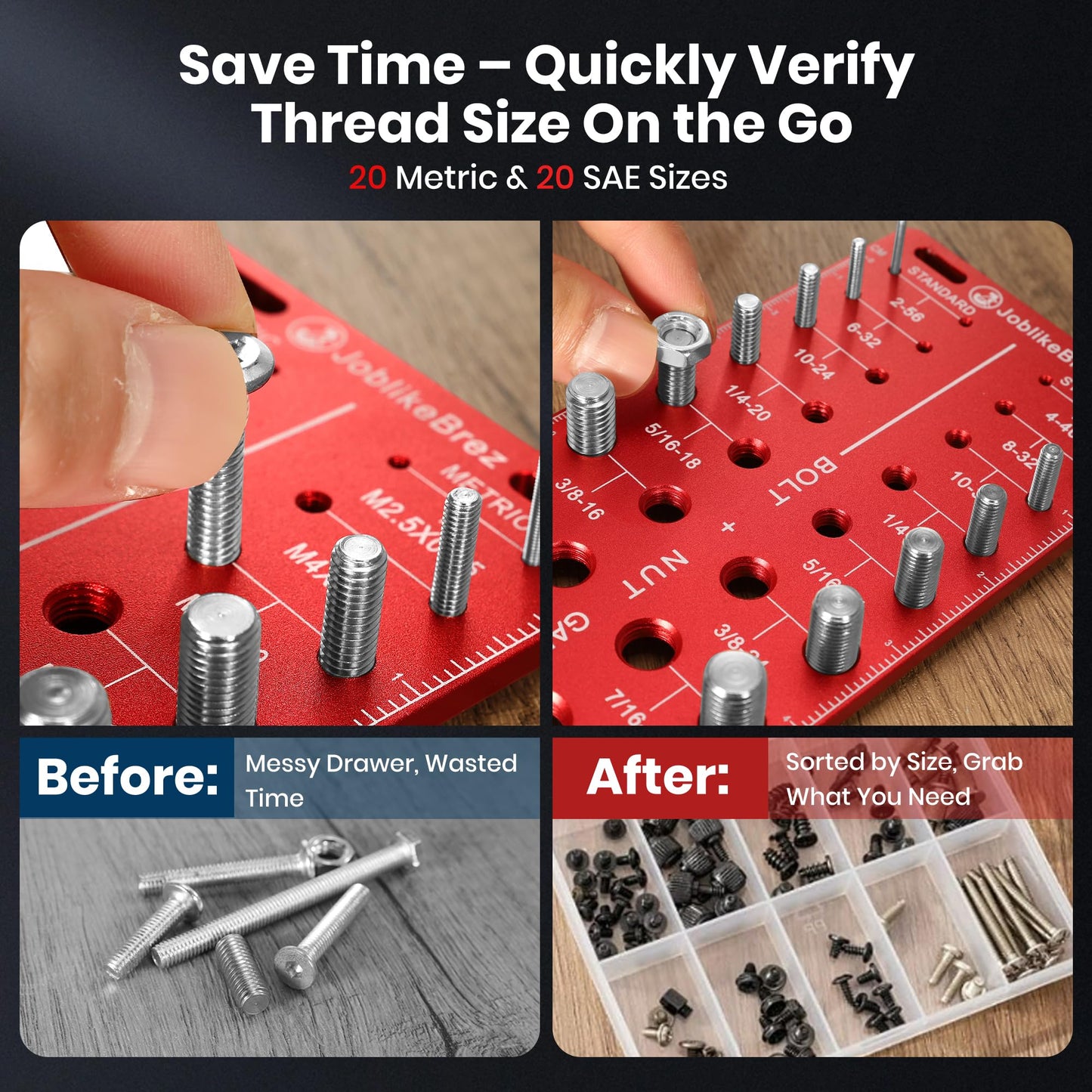 JoblikeBrez Thread Checker, 40 Nut and Bolt Thread Checker, Bolt Size and Thread Gauge 20 Standard & 20 Metric, Bolt Size Finder, Wall-Mountable Bolt Thread Identifier Gauge with Inch & CM Ruler