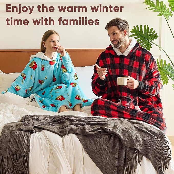 yescool Wearable Blanket Hoodie, Flannel Sherpa Fleece Blanket Sweatshirt for Adults Women Men,One Size Fits All