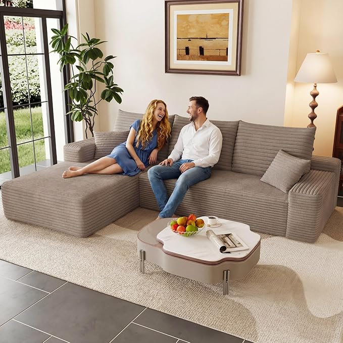95" Cloud Sectional Couch with L-Shape Chaise, Modern Corduroy Boneless Couch for Living Room,Memory Foam Sofa with Deep Seat,No Assembly Required (Camel,Left-Facing Chaise)