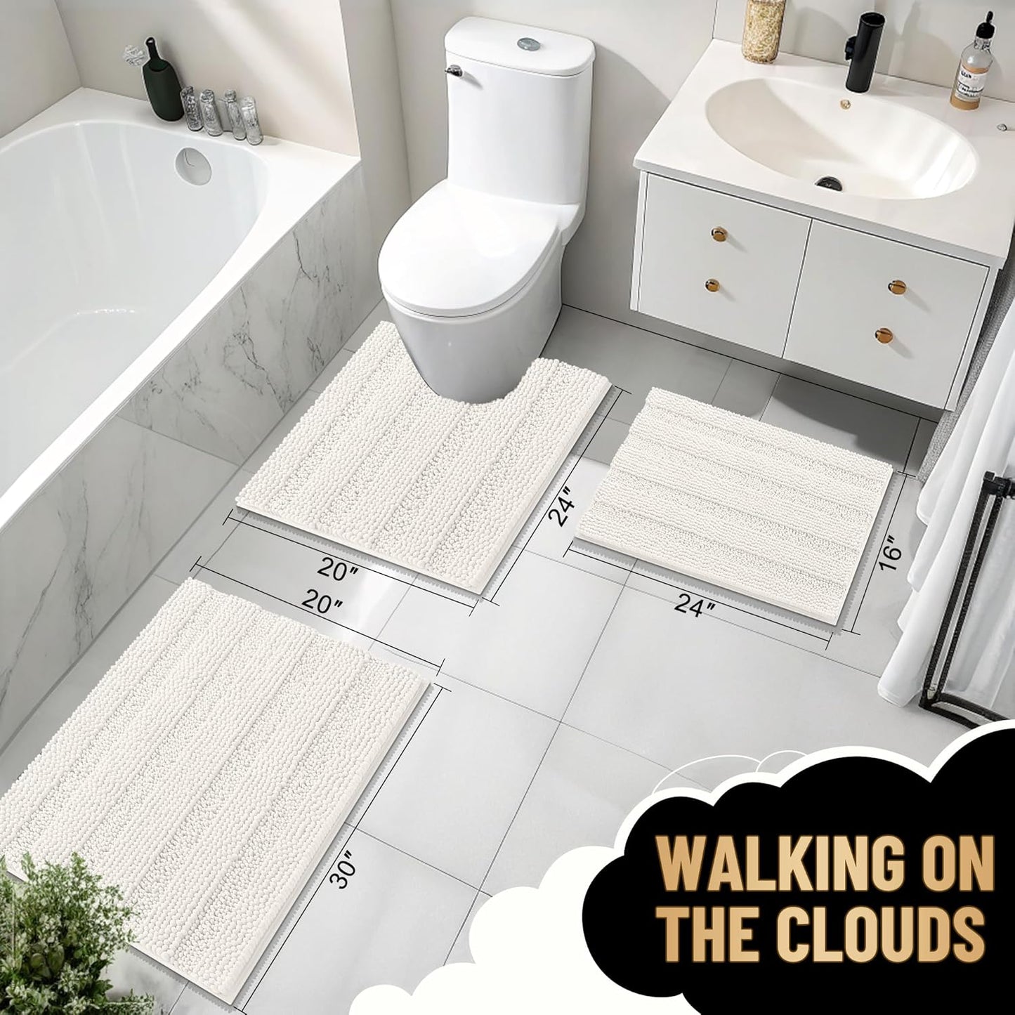 OLANLY Thick Bathroom Rugs 47x20, Extra Soft Absorbent Chenille Striped Bath Rugs, Rubber Backing, Machine Wash Dry, Bath Mats for Bathroom Floor, Tub and Shower, Home Decor Accessories, Ivory