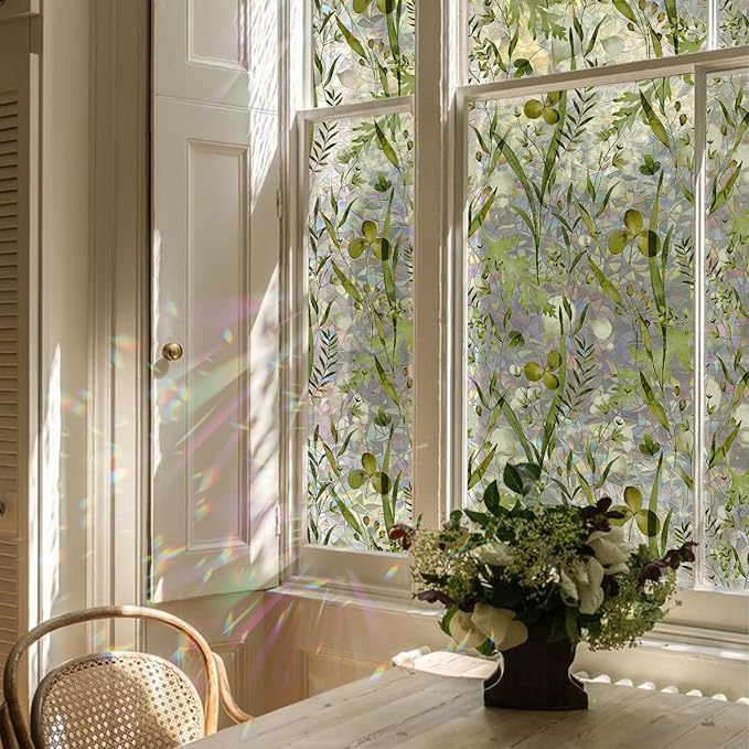 Rainbow Watercolor Green Leaves Window Film, Privacy Iridescent Static Cling Double-Sided Decals for Window Door Glass Decor, Herbs, 118.11" x 20.87"