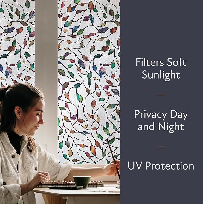 Artscape New Leaf | Privacy Window Film with Vibrant Colored Pattern | Non-Adhesive & UV Protection | Easy to Apply & Removable | 24 x 36 Inches | Made in USA