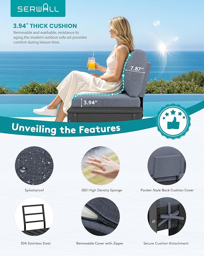 SERWALL HDPE Outdoor Furniture Set, 4 Seats Outdoor Sectional with Coffee Table, All-Weather Patio Sofa Set, Patio Conversation Sets with Adjustable Backrest Sofa for Garden, Backyard, Black with Grey