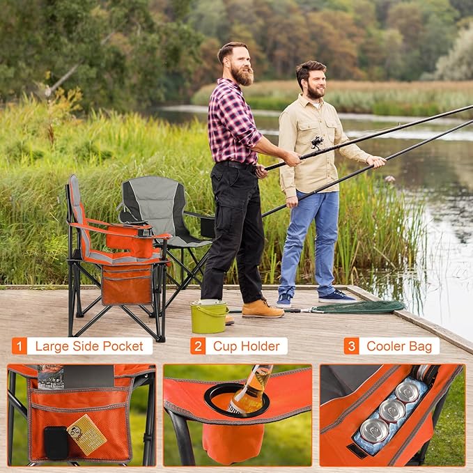 LANMOUNTAIN Oversized Padded Camping Chairs for Adults,Heavy Duty Support 400 Lbs,Folding Portable Lawn Chair w/Cup Holder,Cooler Bag,Side Pocket,Perfect for Outdoor Picnic,Hiking(Orange)