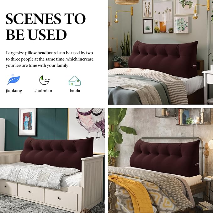 Bed Wedge Headboard Pillow - College Dorm Reading Pillow Back Support While Sitting in Bed - Ergonomic Lumbar Pillow Body Positioning Bed Pillow - Velvet Maroon 59IN