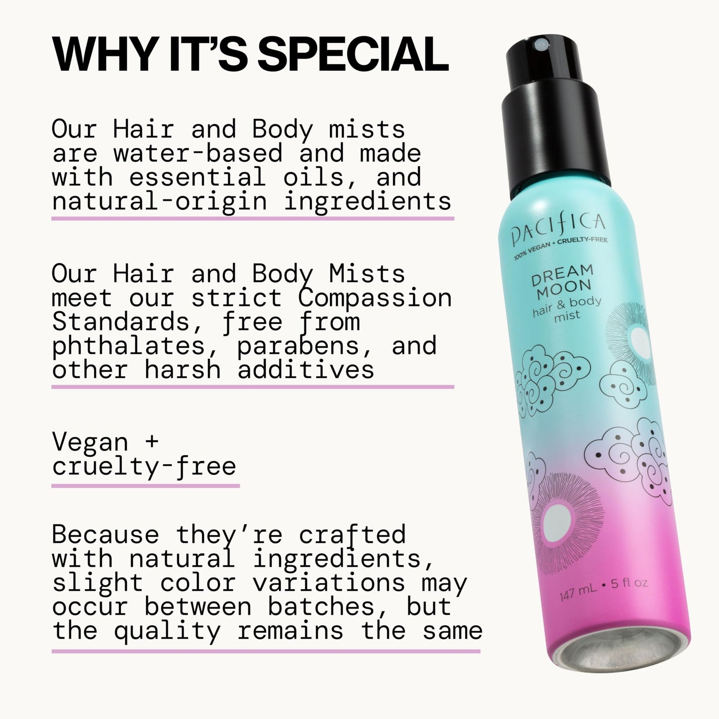 Pacifica Hair Perfume & Body Fragrance Spray Mist - Dream Moon with Bergamot, Pear, Pink Rose, Coconut, Vanilla, Sandalwood & Patchouli – Alcohol-Free, Vegan & Cruelty-Free, 5 oz (1 Count)