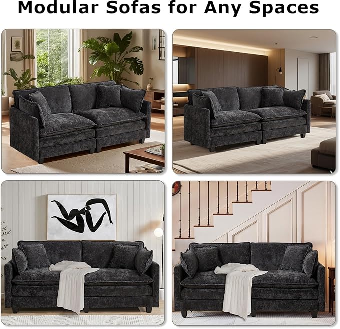 SoarFlash Chenille 77.95" Sectional Sofa, Comfy L Shaped Modular Coush Sofa with Ottoman, Modern 2 Seat Couch Deep Seat Sofa Set for Living Room,Black