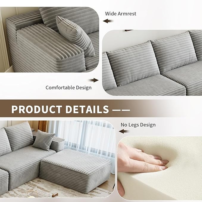 139.4" Modular Sectional Sofa, U-Shaped Minimalist Couches with 2 Ottomans Chaise, Modern Deep Seat Convertible Sleeper Sofa Bed,Cloud Plush Corduroy Fabric, No Assembly Required, 6 Seater, Grey