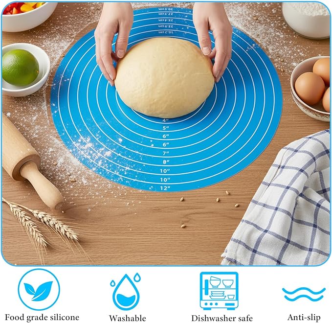 3Pcs Silicone Baking Mat Round Cake Turntable Mat with Measurements Reusable Silicone Baking Mats Non Stick Heat Resistant Pastry Bake Sheet for Pizza Pan Rolling Dough Pastry