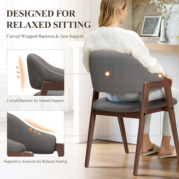 MALOL Wooden Dining Chairs Set of 6, Modern Fabric Upholstered Dining Room Chair, Kitchen Side Chairs, Farmhouse Dinner Chair with Curved Open Back for Kitchen, Grey